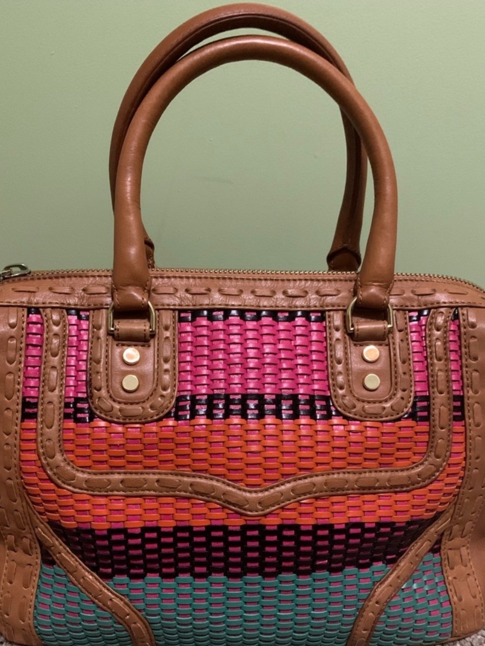 Rebecca Minkoff Pink Orange Weave MAB Mini Bombé Satchel
